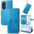 For Honor 50 Four-leaf Clasp Embossed Buckle Mobile Phone Protection Leather Case with Lanyard & Card Slot & Wallet & Bracket Function(Blue) - 1