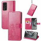 For Honor V40 5G Four-leaf Clasp Embossed Buckle Mobile Phone Protection Leather Case with Lanyard & Card Slot & Wallet & Bracket Function(Magenta) - 1