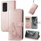 For Honor V40 5G Four-leaf Clasp Embossed Buckle Mobile Phone Protection Leather Case with Lanyard & Card Slot & Wallet & Bracket Function(Rose Gold) - 1