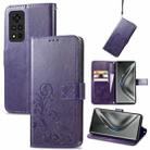 For Honor V40 5G Four-leaf Clasp Embossed Buckle Mobile Phone Protection Leather Case with Lanyard & Card Slot & Wallet & Bracket Function(Purple) - 1