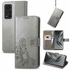 For Honor V40 5G Four-leaf Clasp Embossed Buckle Mobile Phone Protection Leather Case with Lanyard & Card Slot & Wallet & Bracket Function(Gray) - 1