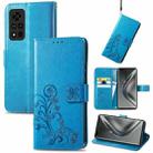 For Honor V40 5G Four-leaf Clasp Embossed Buckle Mobile Phone Protection Leather Case with Lanyard & Card Slot & Wallet & Bracket Function(Blue) - 1