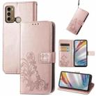 For Motorola Moto G60 Four-leaf Clasp Embossed Buckle Mobile Phone Protection Leather Case with Lanyard & Card Slot & Wallet & Bracket Function(Rose Gold) - 1