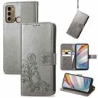 For Motorola Moto G60 Four-leaf Clasp Embossed Buckle Mobile Phone Protection Leather Case with Lanyard & Card Slot & Wallet & Bracket Function(Gray) - 1