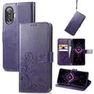 For Xiaomi Redmi K40 Gaming /Poco F3 GT Four-leaf Clasp Embossed Buckle Mobile Phone Protection Leather Case with Lanyard & Card Slot & Wallet & Bracket Function(Purple) - 1