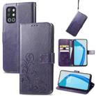 For OnePlus 9R Four-leaf Clasp Embossed Buckle Mobile Phone Protection Leather Case with Lanyard & Card Slot & Wallet & Bracket Function(Purple) - 1