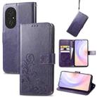 For Honor 50 SE Four-leaf Clasp Embossed Buckle Mobile Phone Protection Leather Case with Lanyard & Card Slot & Wallet & Bracket Function(Purple) - 1