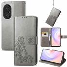 For Honor 50 SE Four-leaf Clasp Embossed Buckle Mobile Phone Protection Leather Case with Lanyard & Card Slot & Wallet & Bracket Function(Gray) - 1