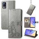 For vivo V21e 4G Four-leaf Clasp Embossed Buckle Mobile Phone Protection Leather Case with Lanyard & Card Slot & Wallet & Bracket Function(Gray) - 1
