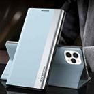 For iPhone 13 Side Electroplated Magnetic Ultra-Thin Horizontal Flip Leather Case with Holder(Light Blue) - 1