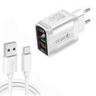 F002C QC3.0 USB + USB 2.0 LED Digital Display Fast Charger with USB to Type-C Data Cable, EU Plug(White) - 1