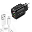 F002C QC3.0 USB + USB 2.0 LED Digital Display Fast Charger with USB to Type-C Data Cable, EU Plug(Black) - 1