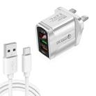 F002C QC3.0 USB + USB 2.0 LED Digital Display Fast Charger with USB to Type-C Data Cable, UK Plug(White) - 1