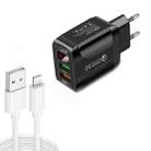 F002C QC3.0 USB + USB 2.0 LED Digital Display Fast Charger with USB to 8 Pin Data Cable, EU Plug(Black) - 1