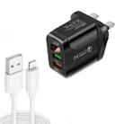 F002C QC3.0 USB + USB 2.0 LED Digital Display Fast Charger with USB to 8 Pin Data Cable, UK Plug(Black) - 1