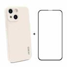 For iPhone 13 mini Hat-Prince ENKAY Liquid Silicone Shockproof Protective Case Drop Protection Cover + Full Coverage Tempered Glass Protector Film (Beige) - 1