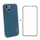 For iPhone 13 mini Hat-Prince ENKAY Liquid Silicone Shockproof Protective Case Drop Protection Cover + Full Coverage Tempered Glass Protector Film (Dark Blue) - 1