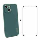 For iPhone 13 mini Hat-Prince ENKAY Liquid Silicone Shockproof Protective Case Drop Protection Cover + Full Coverage Tempered Glass Protector Film (Dark Green) - 1