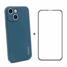 For iPhone 13 Hat-Prince ENKAY Liquid Silicone Shockproof Protective Case Drop Protection Cover + Full Coverage Tempered Glass Protector Film(Dark Blue) - 1