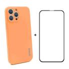 For iPhone 13 Pro Hat-Prince ENKAY Liquid Silicone Shockproof Protective Case Drop Protection Cover + Full Coverage Tempered Glass Protector Film (Orange) - 1