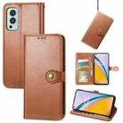 For OnePlus Nord 2 Solid Color Leather Buckle Phone Case with Lanyard & Photo Frame & Card Slot & Wallet & Stand Function(Brwon) - 1