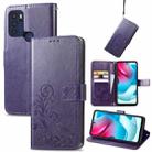 For Motorla Moto G60S Four-leaf Clasp Embossed Buckle Mobile Phone Protection Leather Case with Lanyard & Card Slot & Wallet & Bracket Function(Purple) - 1