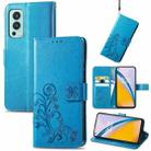 For OnePlus Nord 2 5G Four-leaf Clasp Embossed Buckle Mobile Phone Protection Leather Case with Lanyard & Card Slot & Wallet & Bracket Function(Blue) - 1