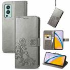 For OnePlus Nord 2 5G Four-leaf Clasp Embossed Buckle Mobile Phone Protection Leather Case with Lanyard & Card Slot & Wallet & Bracket Function(Grey) - 1