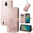 For Nokia C01 Plus Four-leaf Clasp Embossed Buckle Mobile Phone Protection Leather Case with Lanyard & Card Slot & Wallet & Bracket Function(Rose Gold) - 1