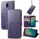 For Nokia C01 Plus Four-leaf Clasp Embossed Buckle Mobile Phone Protection Leather Case with Lanyard & Card Slot & Wallet & Bracket Function(Purple) - 1