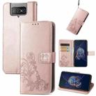 For Asus Zenfone 8 Flip Four-leaf Clasp Embossed Buckle Mobile Phone Protection Leather Case with Lanyard & Card Slot & Wallet & Bracket Function(Rose Gold) - 1