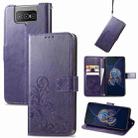 For Asus Zenfone 8 Flip Four-leaf Clasp Embossed Buckle Mobile Phone Protection Leather Case with Lanyard & Card Slot & Wallet & Bracket Function(Purple) - 1