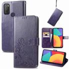 For Alcatel 1S 2021 Four-leaf Clasp Embossed Buckle Mobile Phone Protection Leather Case with Lanyard & Card Slot & Wallet & Bracket Function(Purple) - 1
