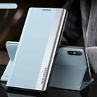 For Xiaomi Redmi 9A Side Electroplated Magnetic Ultra-Thin Horizontal Flip Leather Case with Holder(Light Blue) - 1