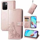 For Xiaomi Redmi 10 Four-leaf Clasp Embossed Buckle Mobile Phone Protection Leather Case with Lanyard & Card Slot & Wallet & Bracket Function(Rose Gold) - 1