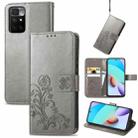 For Xiaomi Redmi 10 Four-leaf Clasp Embossed Buckle Mobile Phone Protection Leather Case with Lanyard & Card Slot & Wallet & Bracket Function(Grey) - 1