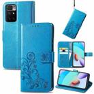 For Xiaomi Redmi 10 Four-leaf Clasp Embossed Buckle Mobile Phone Protection Leather Case with Lanyard & Card Slot & Wallet & Bracket Function(Blue) - 1