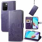 For Xiaomi Redmi 10 Four-leaf Clasp Embossed Buckle Mobile Phone Protection Leather Case with Lanyard & Card Slot & Wallet & Bracket Function(Purple) - 1