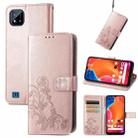 For OPPO Realme C20 Four-leaf Clasp Embossed Buckle Mobile Phone Protection Leather Case with Lanyard & Card Slot & Wallet & Bracket Function(Rose Gold) - 1