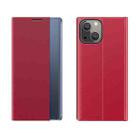 For iPhone 13 Side Window Display Magnetic Suction Plain Grain Flip PU Leather + PC Case with Holder(Red) - 1