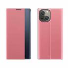 For iPhone 13 Side Window Display Magnetic Suction Plain Grain Flip PU Leather + PC Case with Holder(Pink) - 1