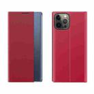 For iPhone 13 Pro Side Window Display Magnetic Suction Plain Grain Flip PU Leather + PC Case with Holder(Red) - 1