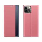 For iPhone 13 Pro Side Window Display Magnetic Suction Plain Grain Flip PU Leather + PC Case with Holder(Pink) - 1