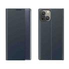 For iPhone 13 mini  Side Window Display Magnetic Suction Plain Grain Flip PU Leather + PC Case with Holder(Dark Blue) - 1