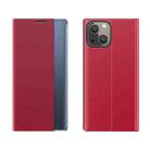 For iPhone 13 mini  Side Window Display Magnetic Suction Plain Grain Flip PU Leather + PC Case with Holder(Red) - 1