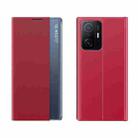 For Xiaomi Mi 11T / 11T Pro Side Window Display Magnetic Suction Plain Grain Flip PU Leather + PC Case with Holder(Red) - 1