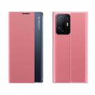 For Xiaomi Mi 11T / 11T Pro Side Window Display Magnetic Suction Plain Grain Flip PU Leather + PC Case with Holder(Pink) - 1