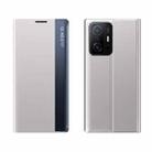 For Xiaomi Mi 11T / 11T Pro Side Window Display Magnetic Suction Plain Grain Flip PU Leather + PC Case with Holder(Silver) - 1