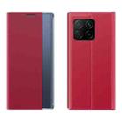 For Xiaomi Mi 11 Side Window Display Magnetic Suction Plain Grain Flip PU Leather + PC Case with Holder(Red) - 1