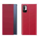 For Xiaomi Redmi Note 10 5G / Poco M3 Pro Side Window Display Magnetic Suction Plain Grain Flip PU Leather + PC Case with Holder(Red) - 1